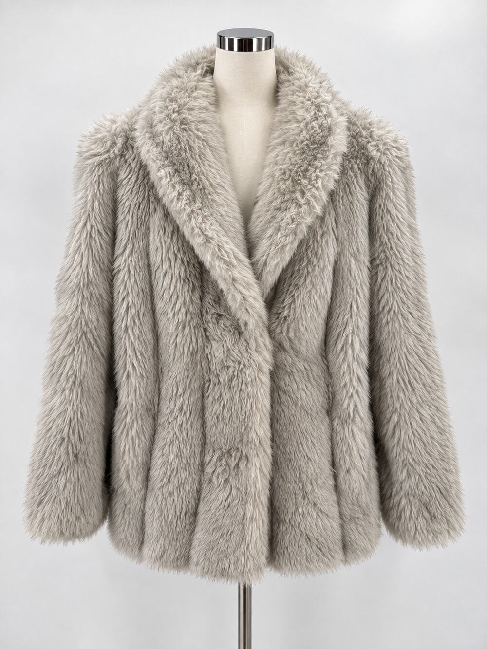 Vintage Saxton Hall Faux Fur Coat Silver Gray Shaggy Plush Made USA Womens Sz 8